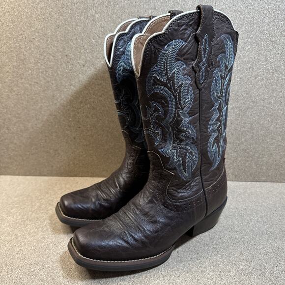 Justin Boots Sevana Turquoise Brown Cowboy Women 7B Pull On Leather Square Toe - Picture 1 of 13